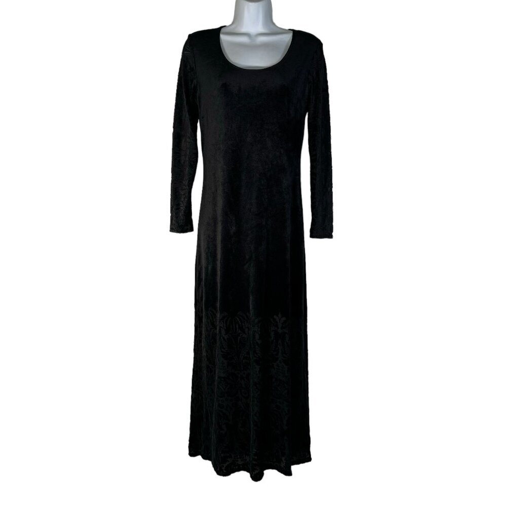 Vintage Carole Little Black Floral Burnout Velvet Maxi Long Dress Goth Witchy 6